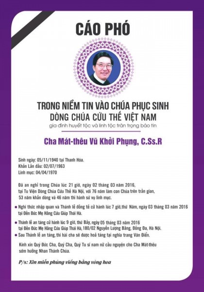 Cáo phó: Cha Matthêu Vũ Khởi Phụng CSsR,