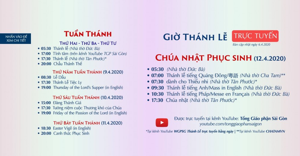 Tổng Giáo phận Sài Gòn: chương trình trực tuyến Tuần Thánh 2020