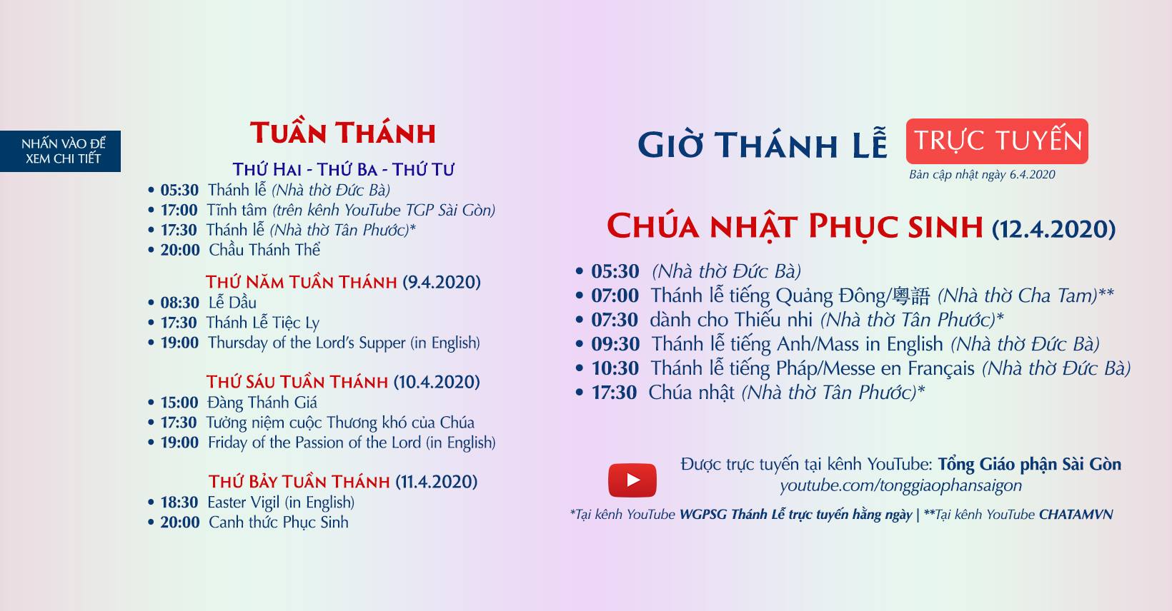 Tổng Giáo phận Sài Gòn: Phụng vụ trực tuyến từ 15-8-2020 đến 22-8-2020