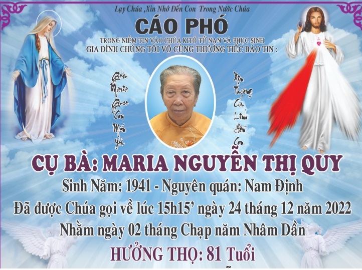 CÁO PHÓ : CỤ BÀ MARIA NGUYỄN THỊ QUY