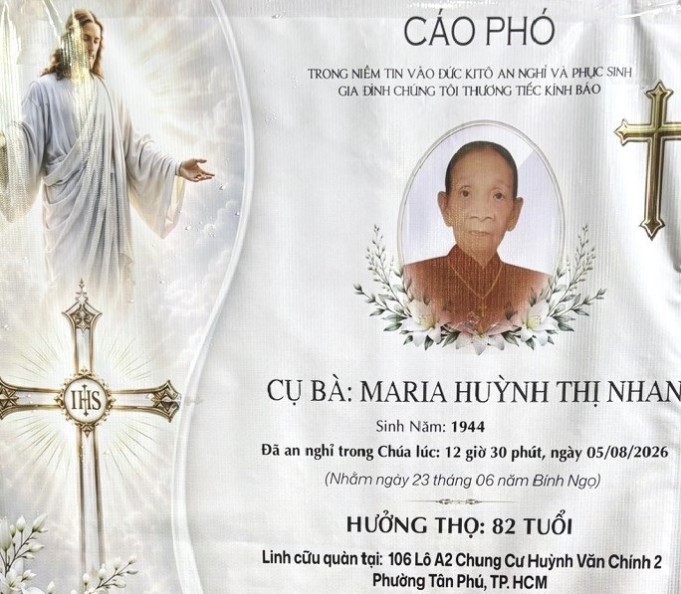 Cáo phó : Cụ Bà Maria Huỳnh Thị Nhan