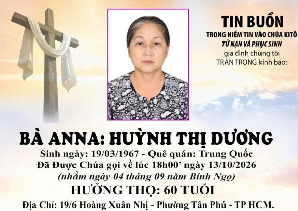 CÁO PHÓ :  BÀ ANNA: HUỲNH THỊ DƯƠNG