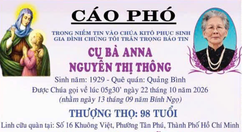 CÁO PHÓ : CỤ BÀ ANNA NGUYỄN THỊ THÔNG